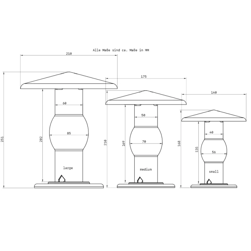 Technische Zeichnung der BirdieBistro Futtersäulen in drei Größen mit Maßangaben: Small, Medium und Large nebeneinander